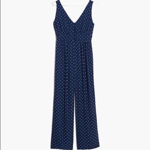 Madewell Polka Dot Wide Leg V-Back Sleeveless Navy Blue Jumpsuit
